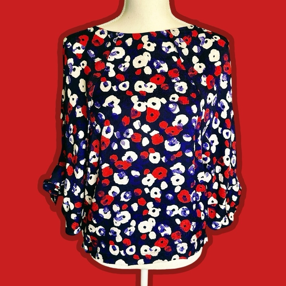 NWOT Derek Lam Red, White & Blue Floral Damask Batwing Tie Sleeve Top Size 6